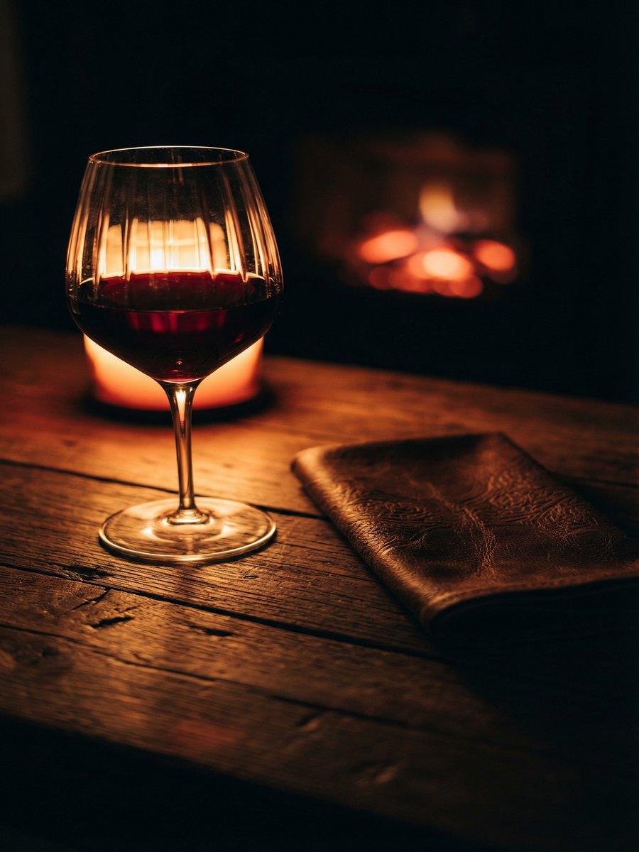 Crystal wine glass on dark walnut wood, firelight, leather